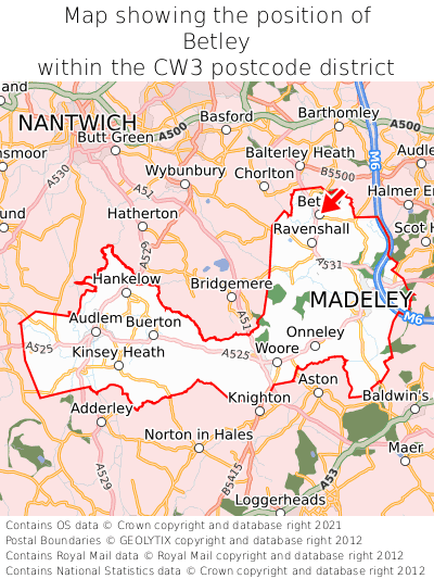 Map showing location of Betley within CW3