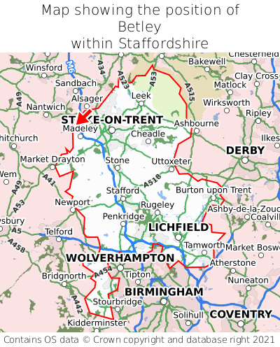 Map showing location of Betley within Staffordshire