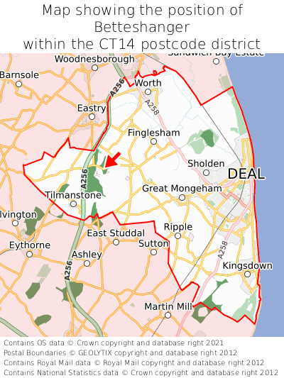 Map showing location of Betteshanger within CT14