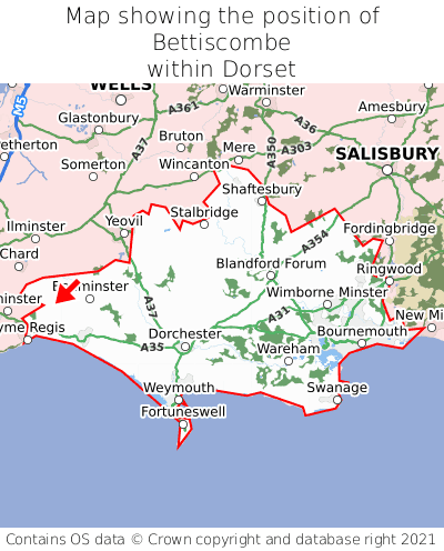 Map showing location of Bettiscombe within Dorset