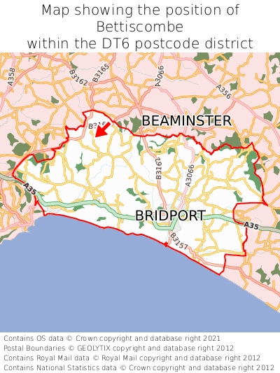 Map showing location of Bettiscombe within DT6