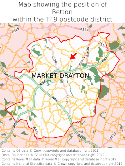 Map showing location of Betton within TF9