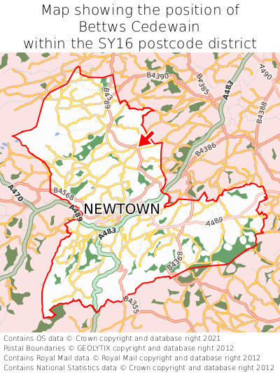 Map showing location of Bettws Cedewain within SY16