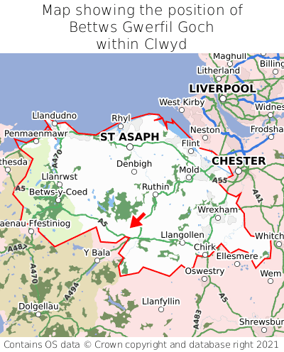 Map showing location of Bettws Gwerfil Goch within Clwyd