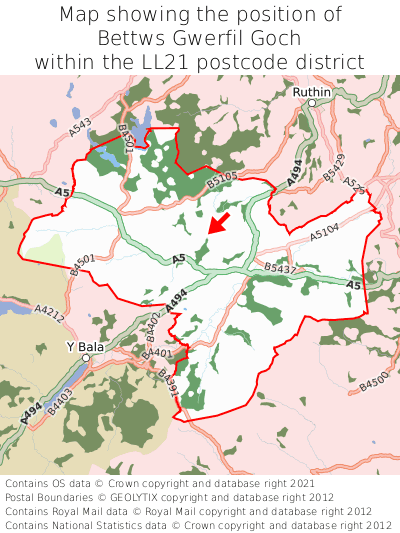 Map showing location of Bettws Gwerfil Goch within LL21