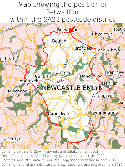 Map showing location of Betws Ifan within SA38