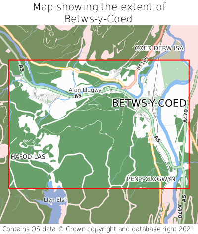 Map showing extent of Betws-y-Coed as bounding box