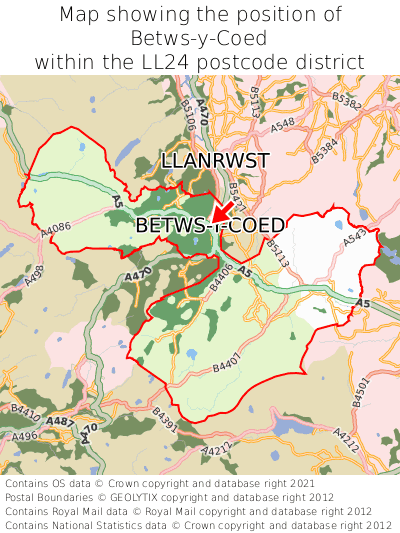 Map showing location of Betws-y-Coed within LL24