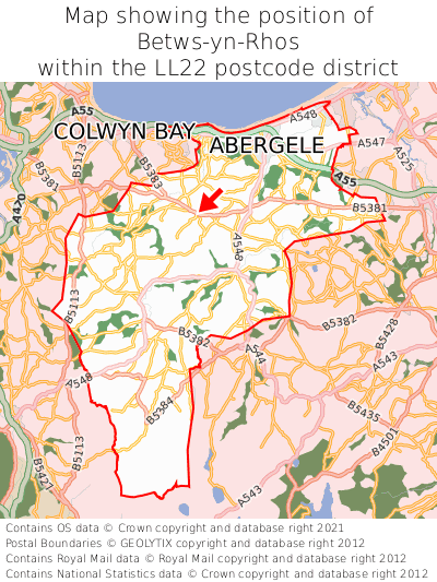 Map showing location of Betws-yn-Rhos within LL22