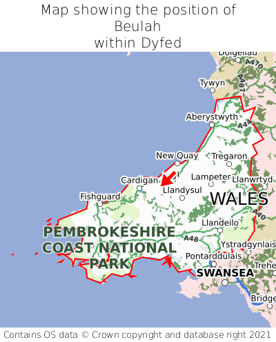 Map showing location of Beulah within Dyfed