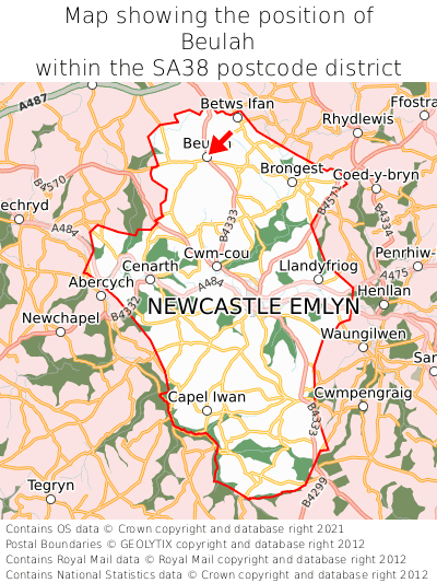 Map showing location of Beulah within SA38