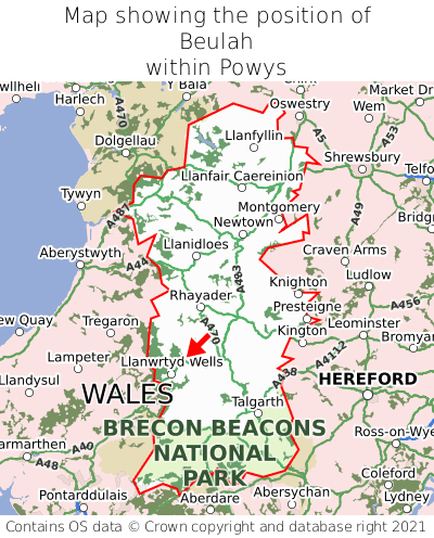 Map showing location of Beulah within Powys