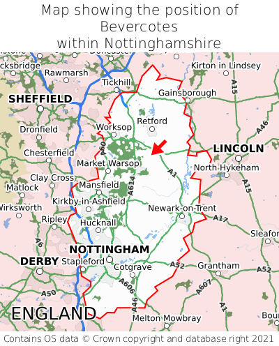 Map showing location of Bevercotes within Nottinghamshire