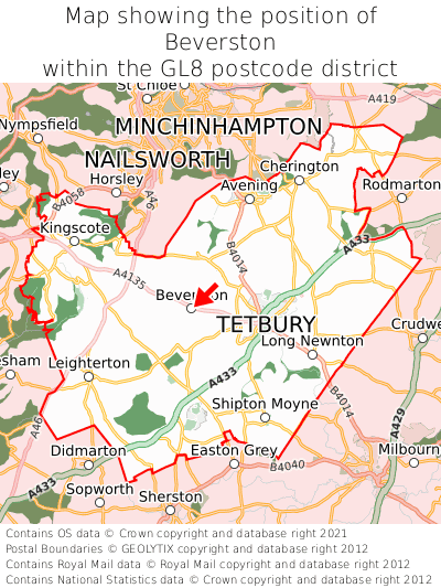 Map showing location of Beverston within GL8
