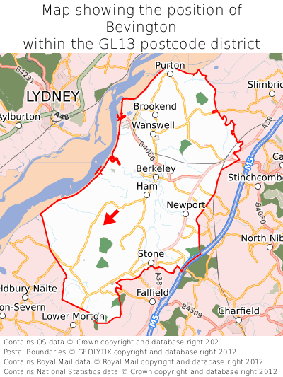 Map showing location of Bevington within GL13