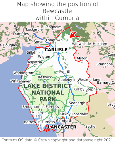 Map showing location of Bewcastle within Cumbria