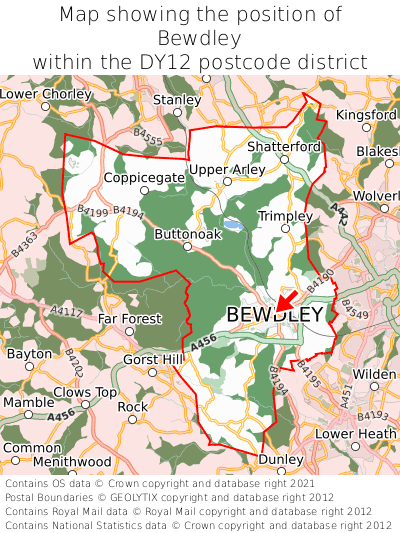 Map showing location of Bewdley within DY12