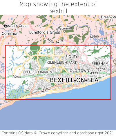 Map showing extent of Bexhill as bounding box
