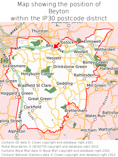 Map showing location of Beyton within IP30