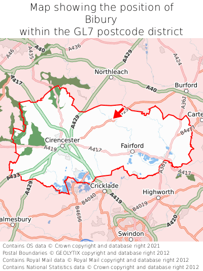 Map showing location of Bibury within GL7