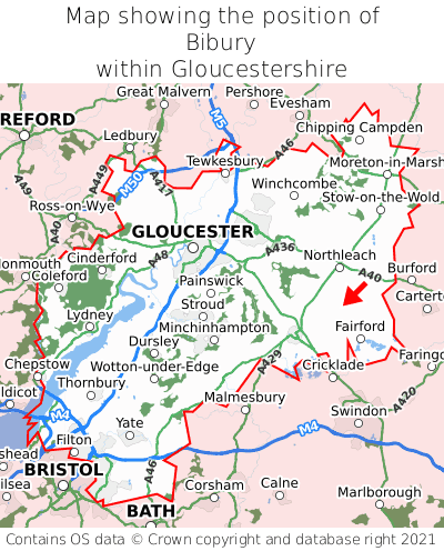 Map showing location of Bibury within Gloucestershire
