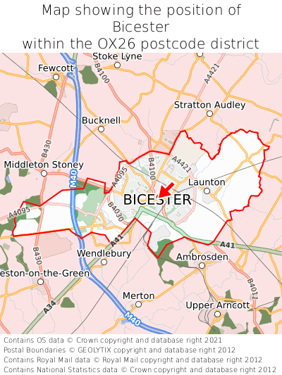 Map showing location of Bicester within OX26