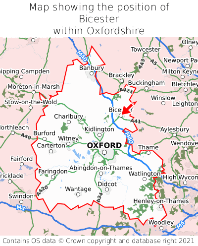 Map showing location of Bicester within Oxfordshire