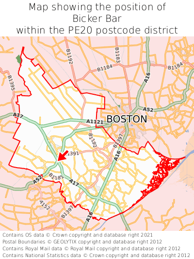 Map showing location of Bicker Bar within PE20