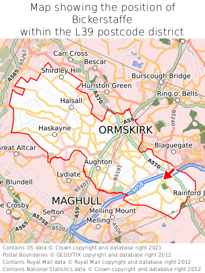 Map showing location of Bickerstaffe within L39