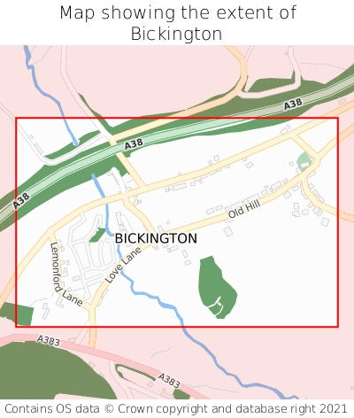 Map showing extent of Bickington as bounding box