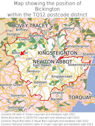 Map showing location of Bickington within TQ12
