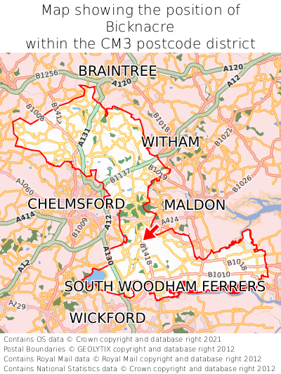 Map showing location of Bicknacre within CM3