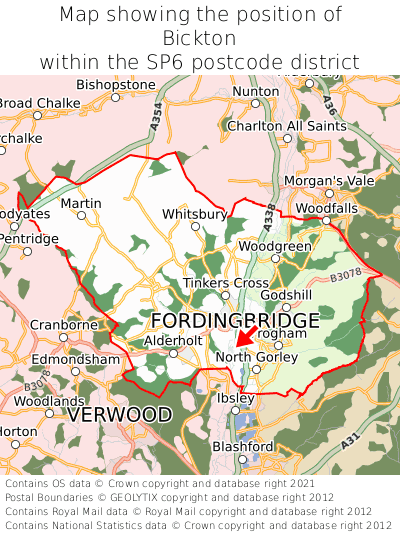 Map showing location of Bickton within SP6