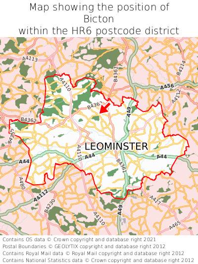 Map showing location of Bicton within HR6