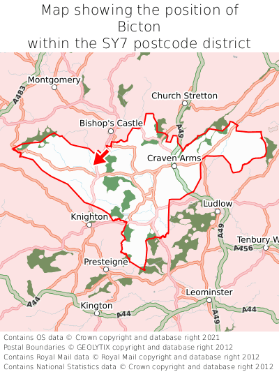 Map showing location of Bicton within SY7
