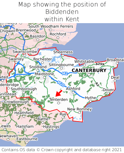 Map showing location of Biddenden within Kent
