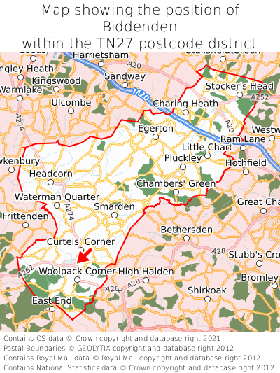 Map showing location of Biddenden within TN27