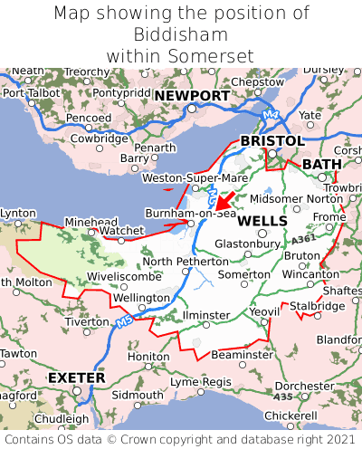 Map showing location of Biddisham within Somerset