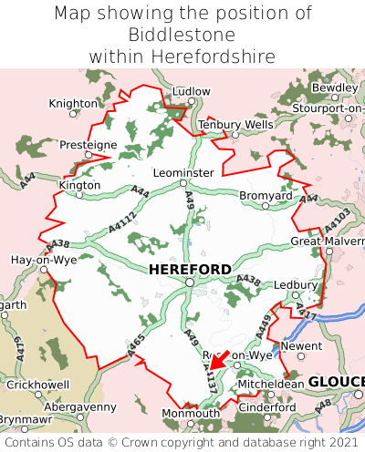 Map showing location of Biddlestone within Herefordshire