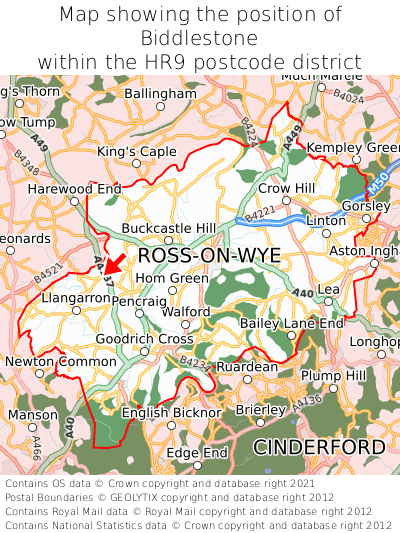 Map showing location of Biddlestone within HR9