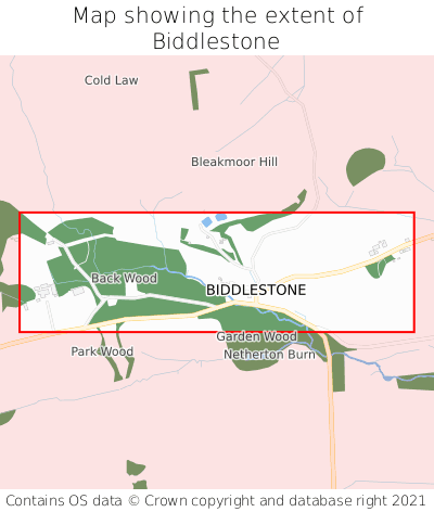 Map showing extent of Biddlestone as bounding box