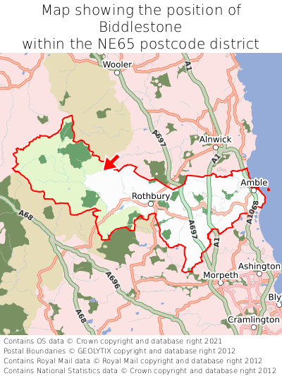 Map showing location of Biddlestone within NE65