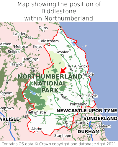 Map showing location of Biddlestone within Northumberland