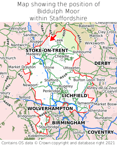 Map showing location of Biddulph Moor within Staffordshire