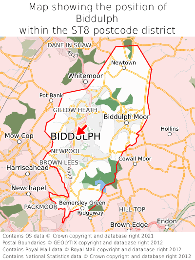 Map showing location of Biddulph within ST8