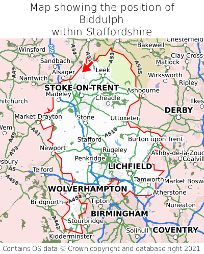 Map showing location of Biddulph within Staffordshire
