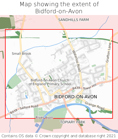 Map showing extent of Bidford-on-Avon as bounding box