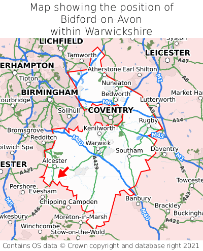 Map showing location of Bidford-on-Avon within Warwickshire