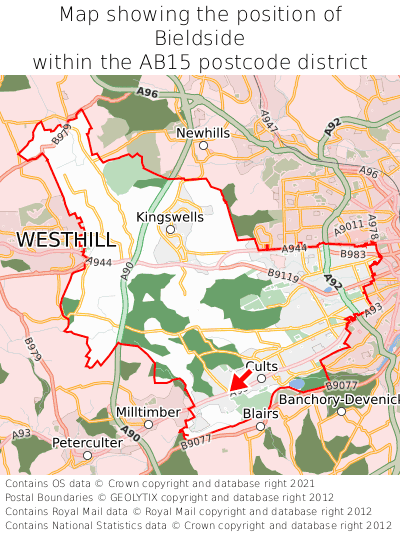 Map showing location of Bieldside within AB15