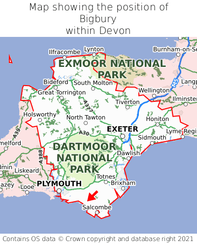 Map showing location of Bigbury within Devon